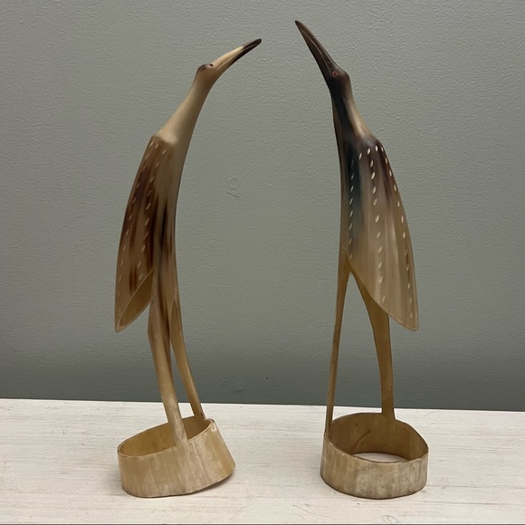 Mid Century Hand Carved Steer Horn Egret Heron Matching Pair 60s 70s Vintage - Picture 1 of 16